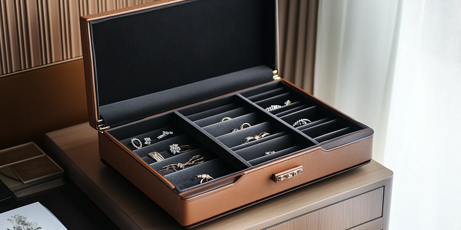 Open jewellery drawer box filled with jewelry.